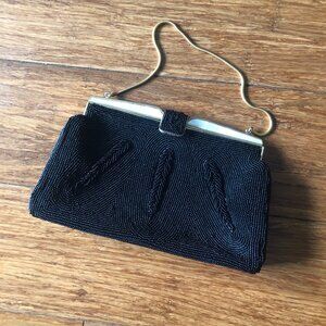 Vintage 1950s Black Purse Beaded with Mother of Pearl Clasp Excellent Condition